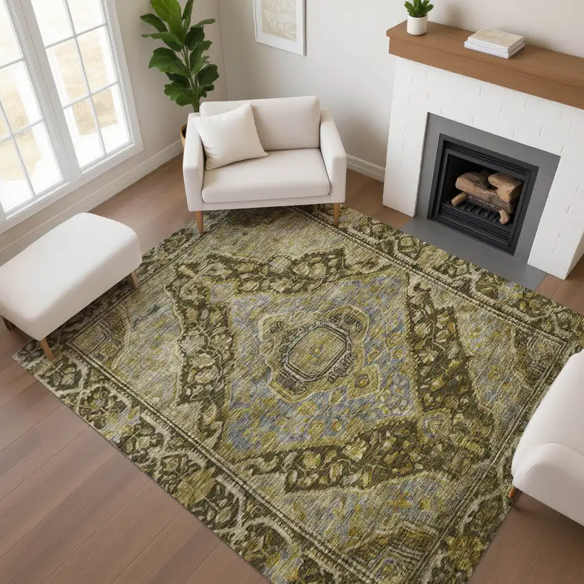 Brown And Gray Oriental Washable Area Rug With UV Protection Photo 3