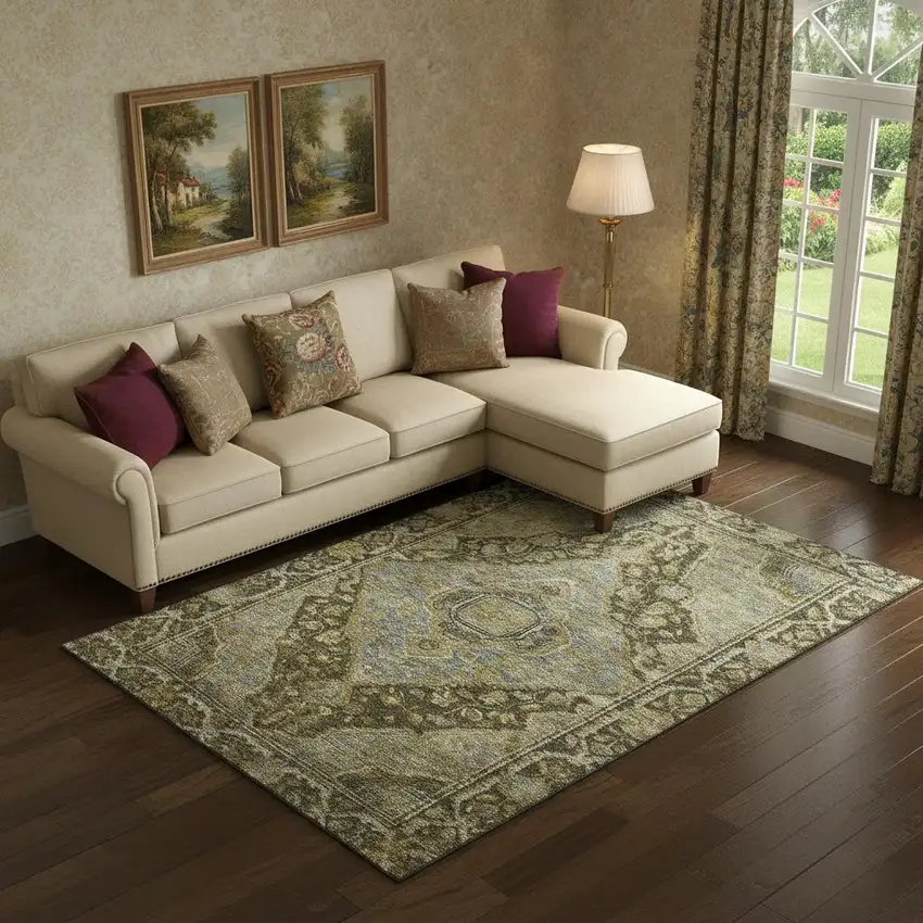 Brown And Gray Oriental Washable Area Rug With UV Protection Photo 2