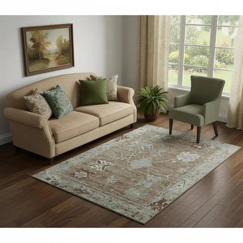 Brown And Gray Oriental Washable Area Rug With UV Protection Photo 2