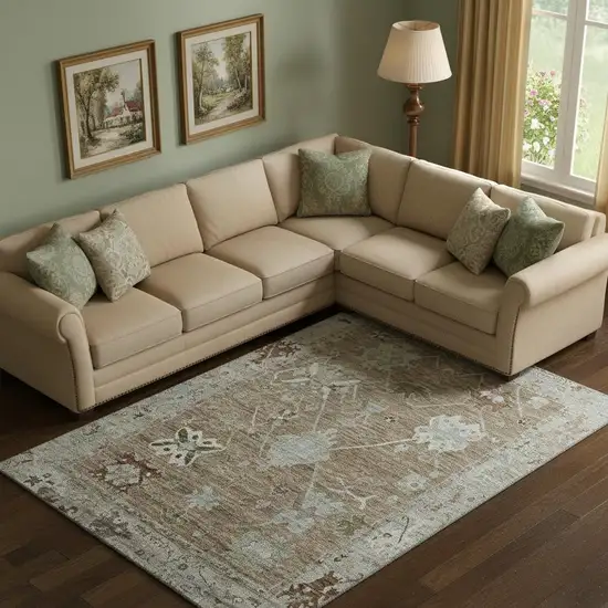 Brown And Gray Oriental Washable Area Rug With UV Protection Photo 2