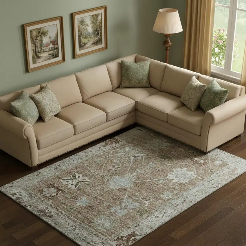 Brown And Gray Oriental Washable Area Rug With UV Protection Photo 2