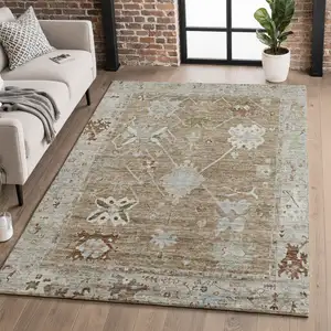 Photo of Brown And Gray Oriental Washable Area Rug With UV Protection