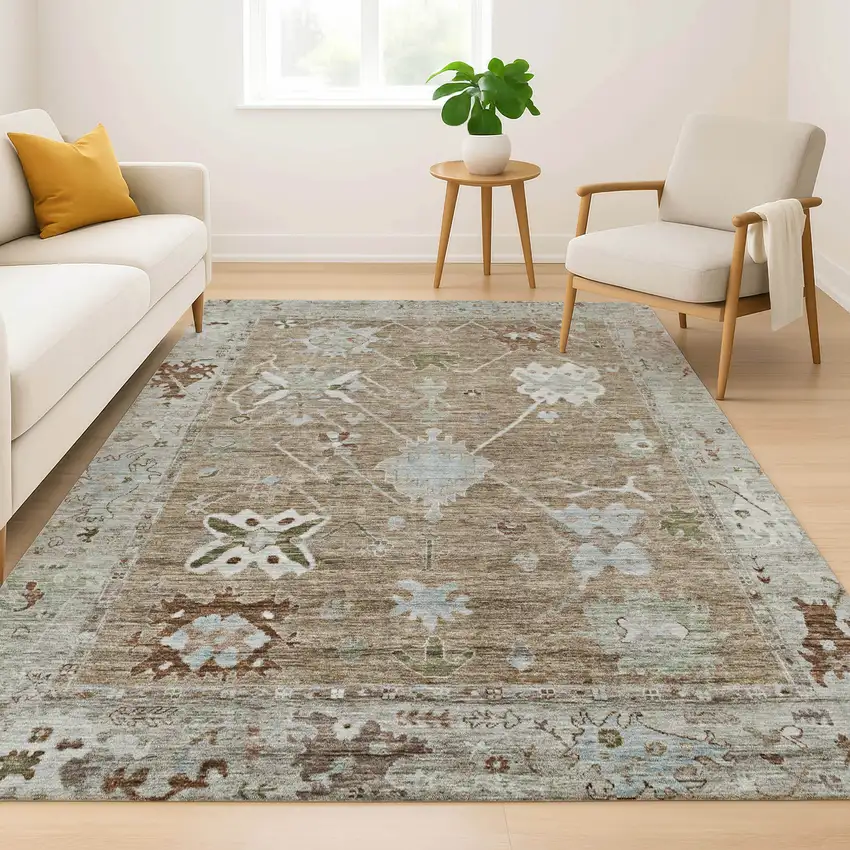 Brown And Gray Oriental Washable Area Rug With UV Protection Photo 6