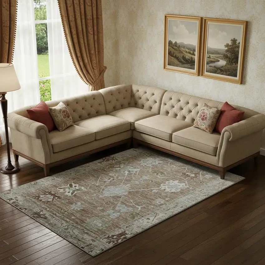 Brown And Gray Oriental Washable Area Rug With UV Protection Photo 2