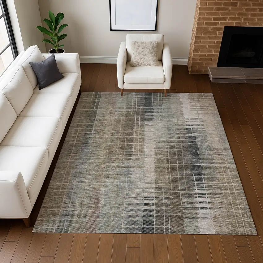 Brown And Gray Striped Washable Indoor Outdoor Area Rug Photo 8