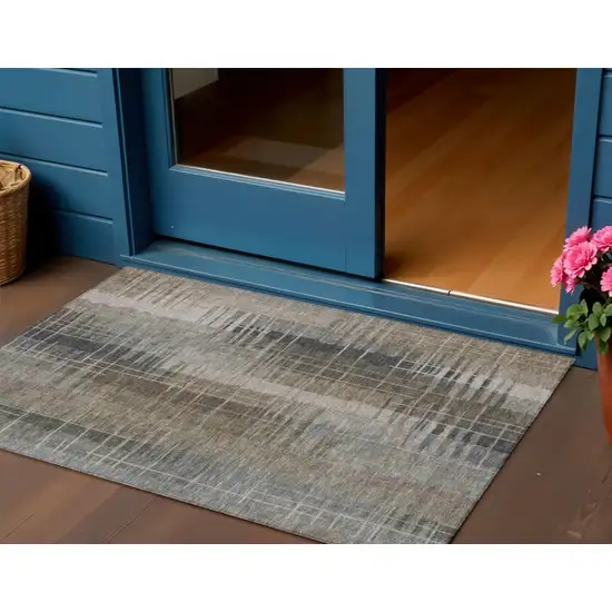 Brown And Gray Striped Washable Indoor Outdoor Area Rug Photo 1