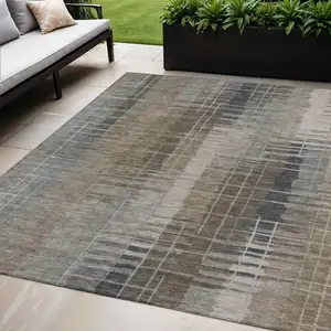 Photo of Brown And Gray Striped Washable Indoor Outdoor Area Rug