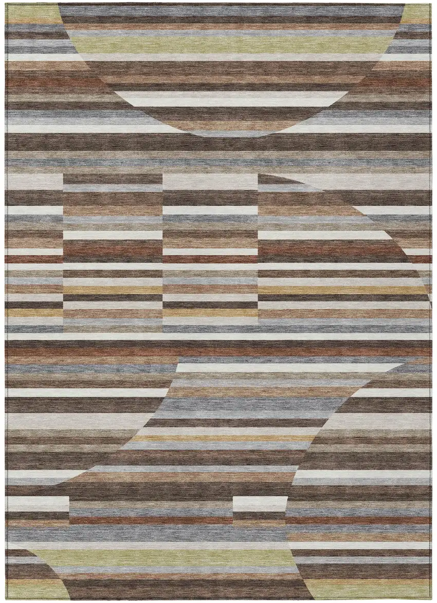 Brown And Gray Striped Washable Indoor Outdoor Area Rug Photo 1