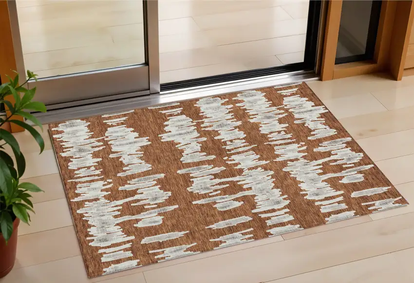 Brown And Gray Striped Washable Indoor Outdoor Area Rug Photo 1