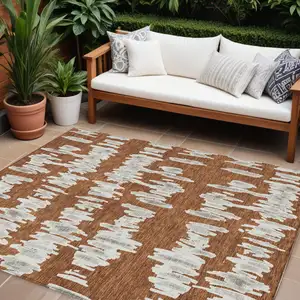 Photo of Brown And Gray Striped Washable Indoor Outdoor Area Rug