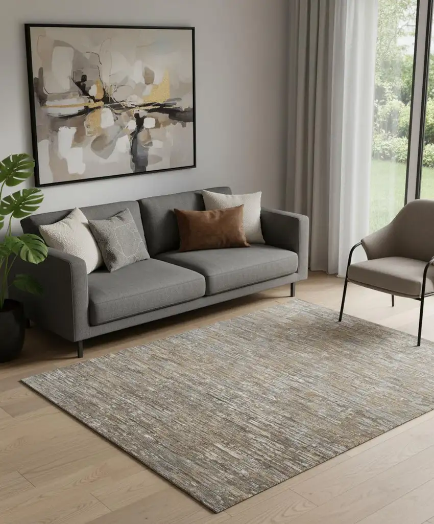 Brown And Gray Wool Abstract Hand Knotted Area Rug Photo 1