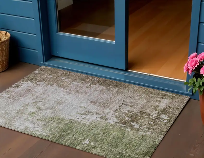 Brown And Green Abstract Washable Indoor Outdoor Area Rug Photo 1