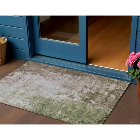 Brown And Green Abstract Washable Indoor Outdoor Area Rug Photo 1