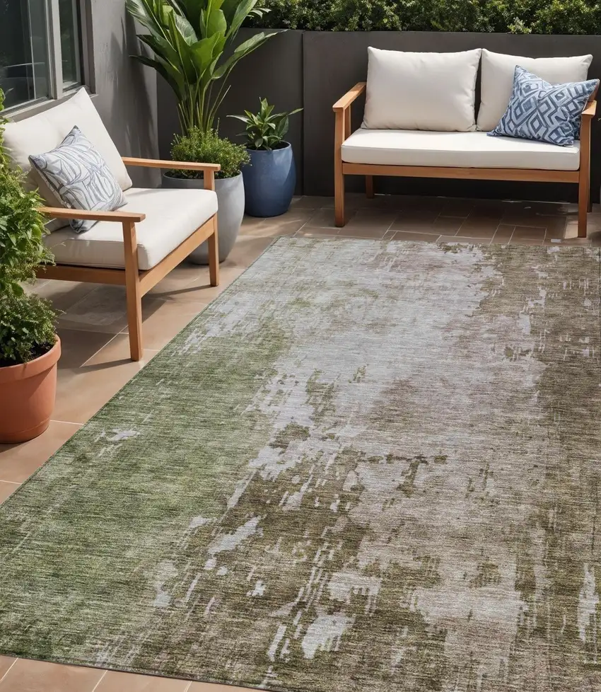 Brown And Green Abstract Washable Indoor Outdoor Area Rug Photo 1