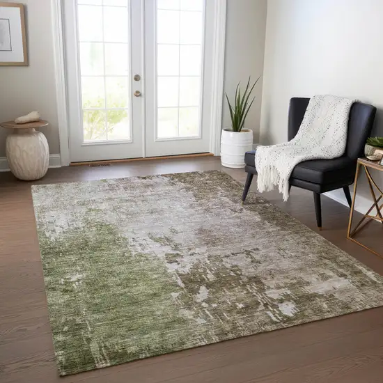 Brown And Green Abstract Washable Indoor Outdoor Area Rug Photo 9