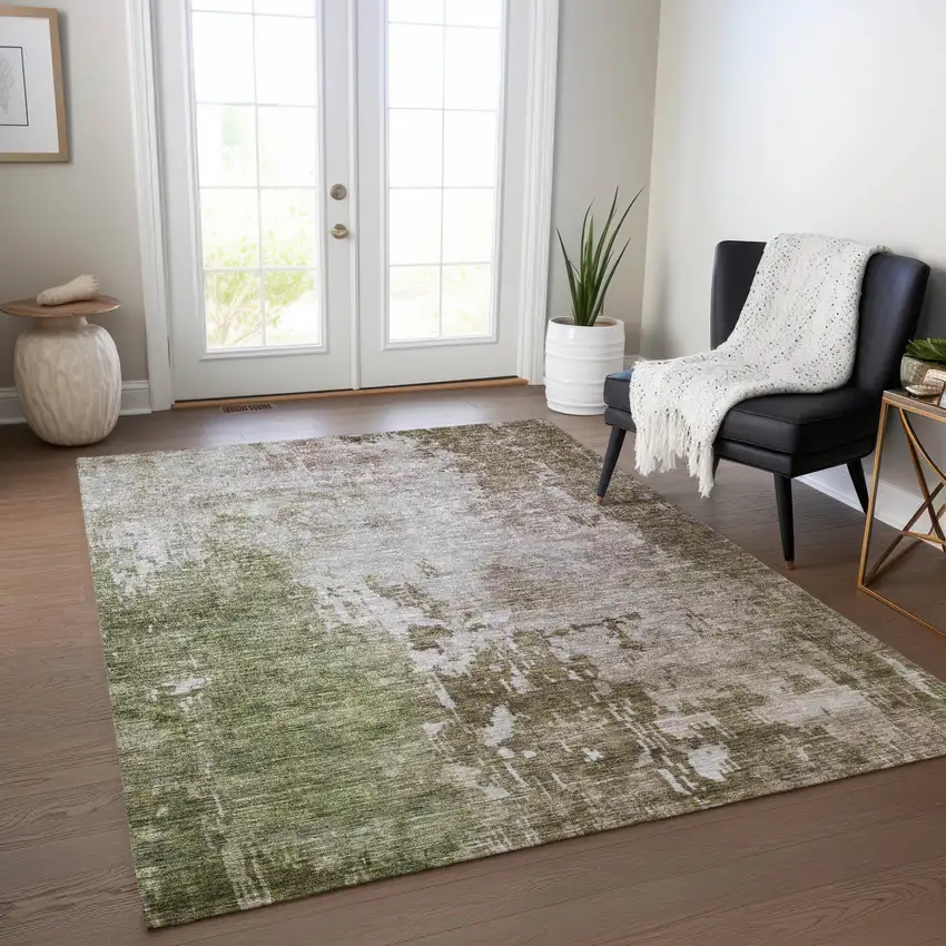 Brown And Green Abstract Washable Indoor Outdoor Area Rug Photo 9
