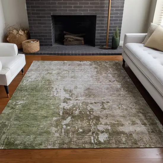 Brown And Green Abstract Washable Indoor Outdoor Area Rug Photo 9