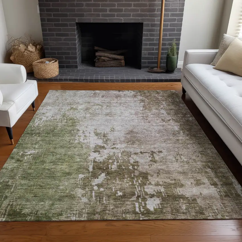 Brown And Green Abstract Washable Indoor Outdoor Area Rug Photo 9