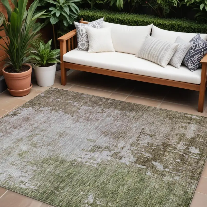 Brown And Green Abstract Washable Indoor Outdoor Area Rug Photo 1