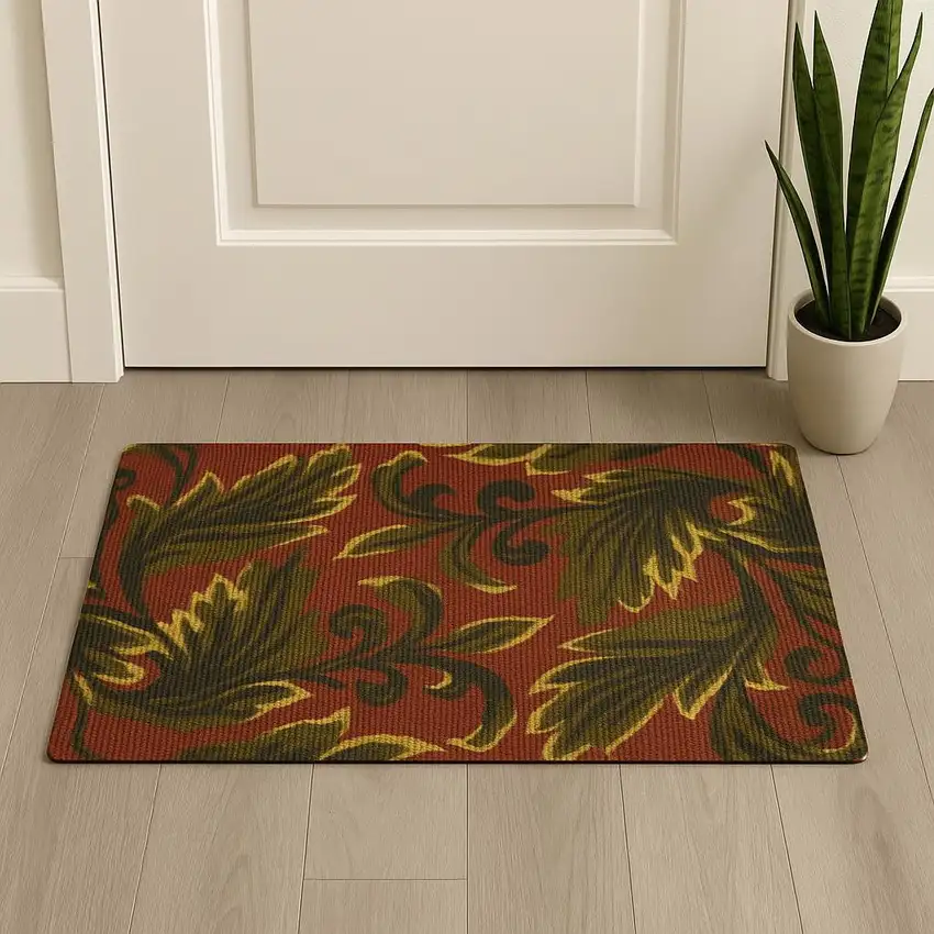 Brown And Green Jute Botanical Leaves Hand Woven Area Rug Photo 2