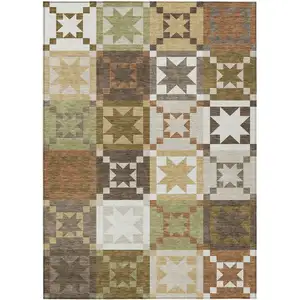 Photo of Brown And Green Patchwork Washable Indoor Outdoor Area Rug