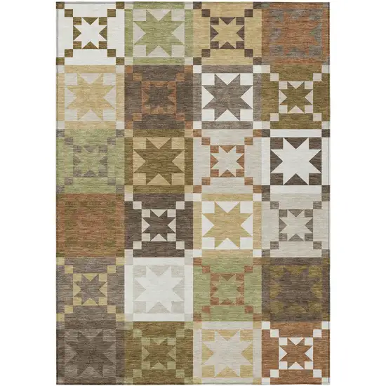 Brown And Green Patchwork Washable Indoor Outdoor Area Rug Photo 1
