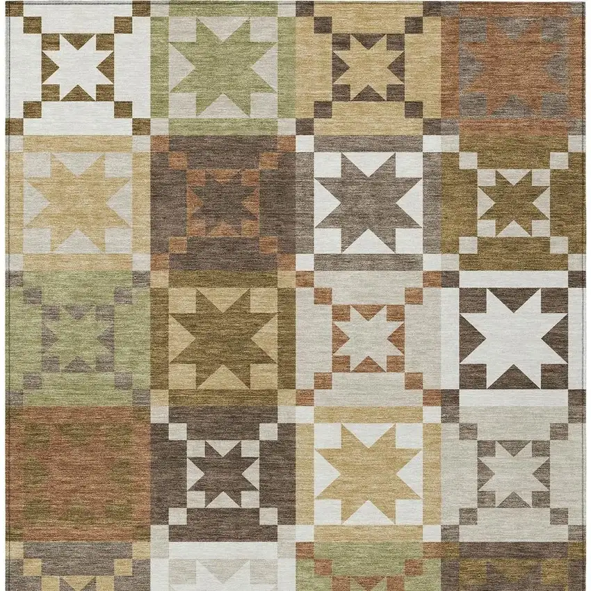 Brown And Green Patchwork Washable Indoor Outdoor Area Rug Photo 3