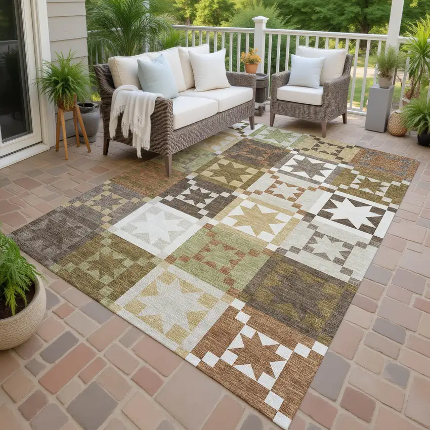 Brown And Green Patchwork Washable Indoor Outdoor Area Rug Photo 4