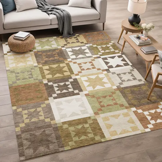 Brown And Green Patchwork Washable Indoor Outdoor Area Rug Photo 5