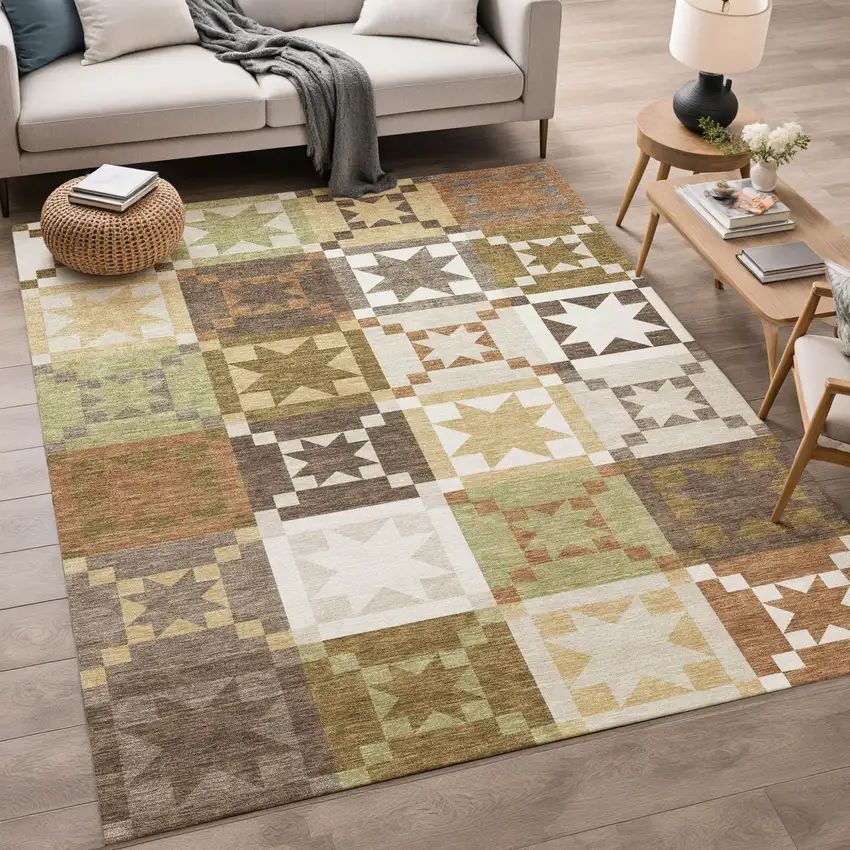 Brown And Green Patchwork Washable Indoor Outdoor Area Rug Photo 5