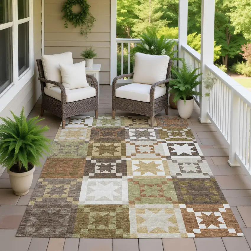 Brown And Green Patchwork Washable Indoor Outdoor Area Rug Photo 7