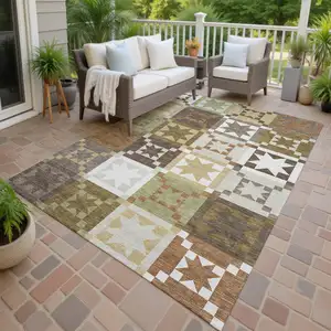 Photo of Brown And Green Patchwork Washable Indoor Outdoor Area Rug