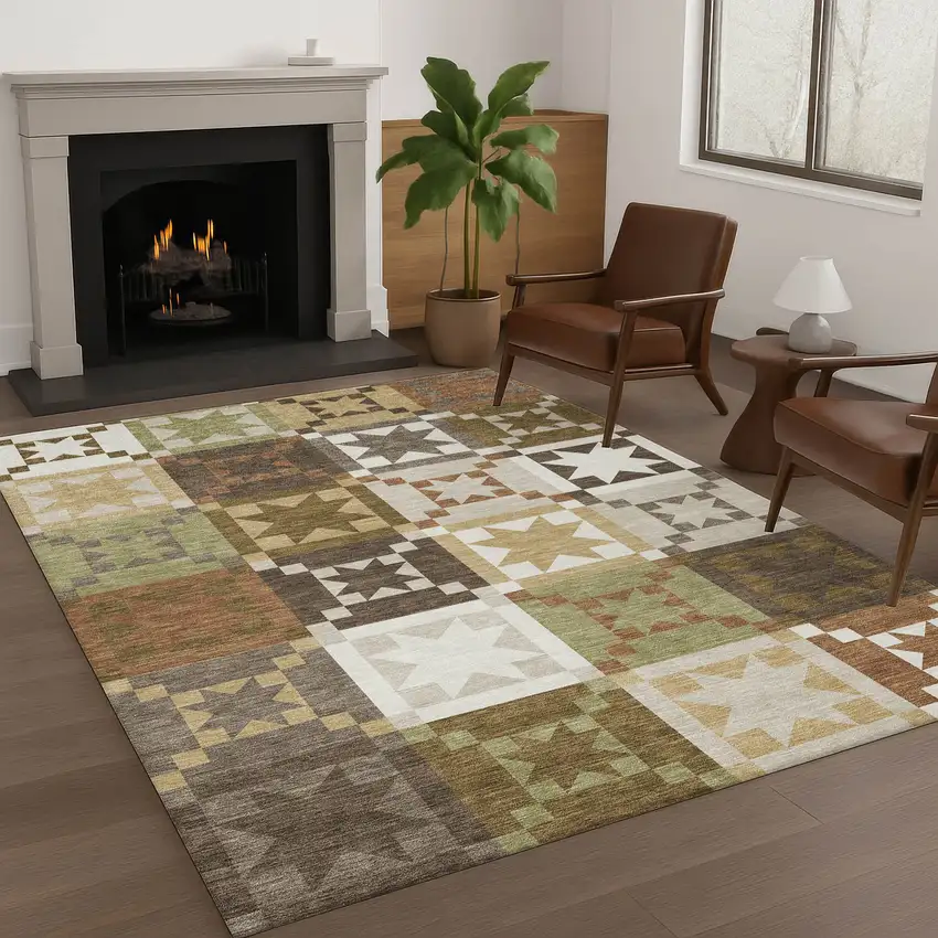 Brown And Green Patchwork Washable Indoor Outdoor Area Rug Photo 6