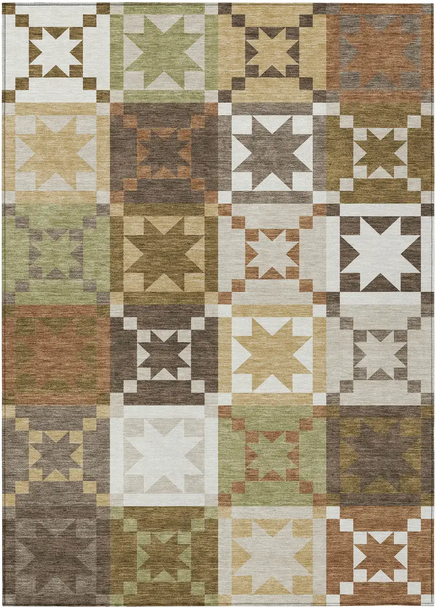 Brown And Green Patchwork Washable Indoor Outdoor Area Rug Photo 1