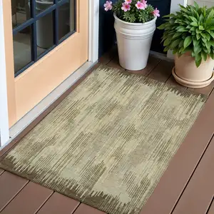 Photo of Brown And Green Striped Washable Indoor Outdoor Area Rug