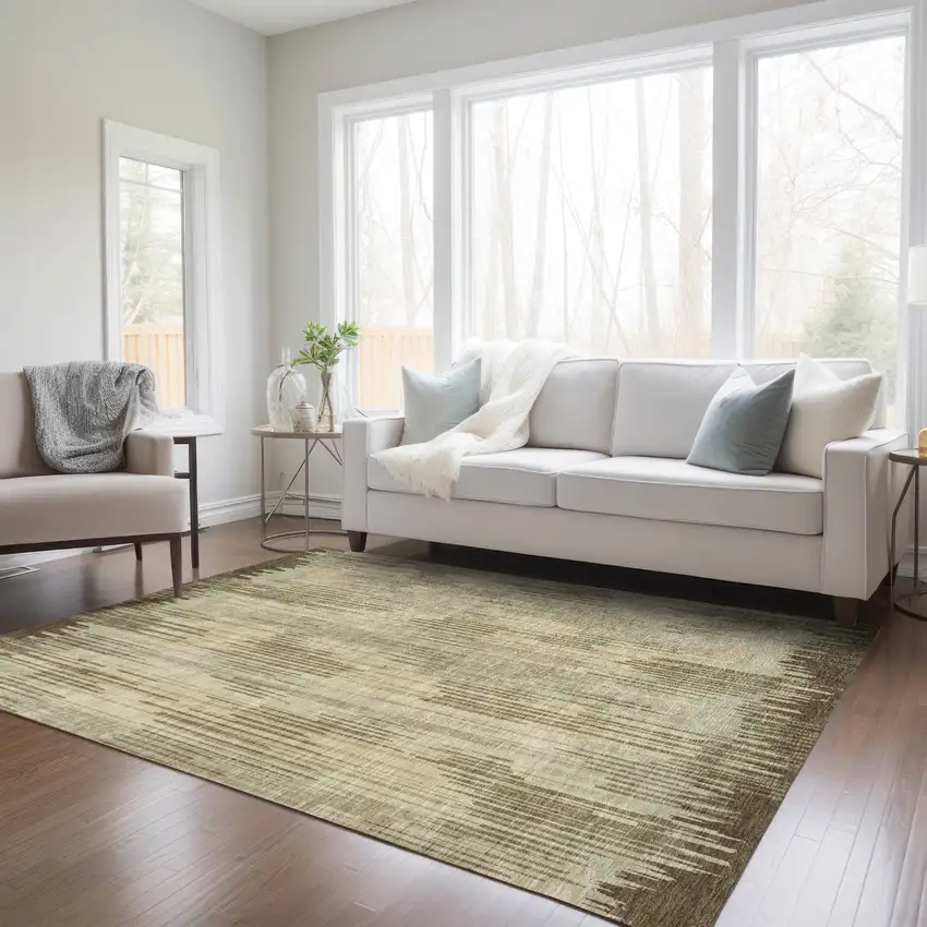 Brown And Green Striped Washable Indoor Outdoor Area Rug Photo 9