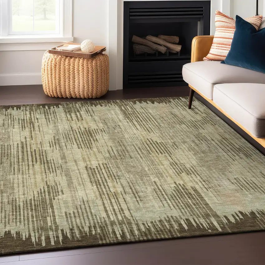 Brown And Green Striped Washable Indoor Outdoor Area Rug Photo 9