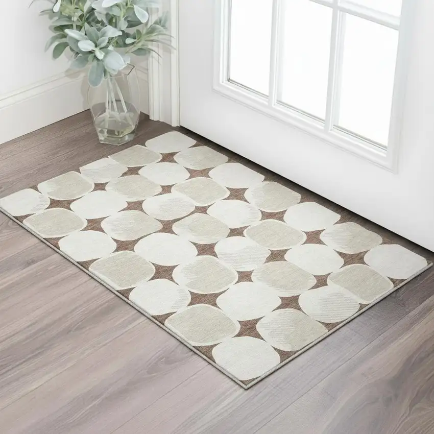 Brown And Ivory Abstract Geometric Washable Area Rug With UV Protection Photo 2