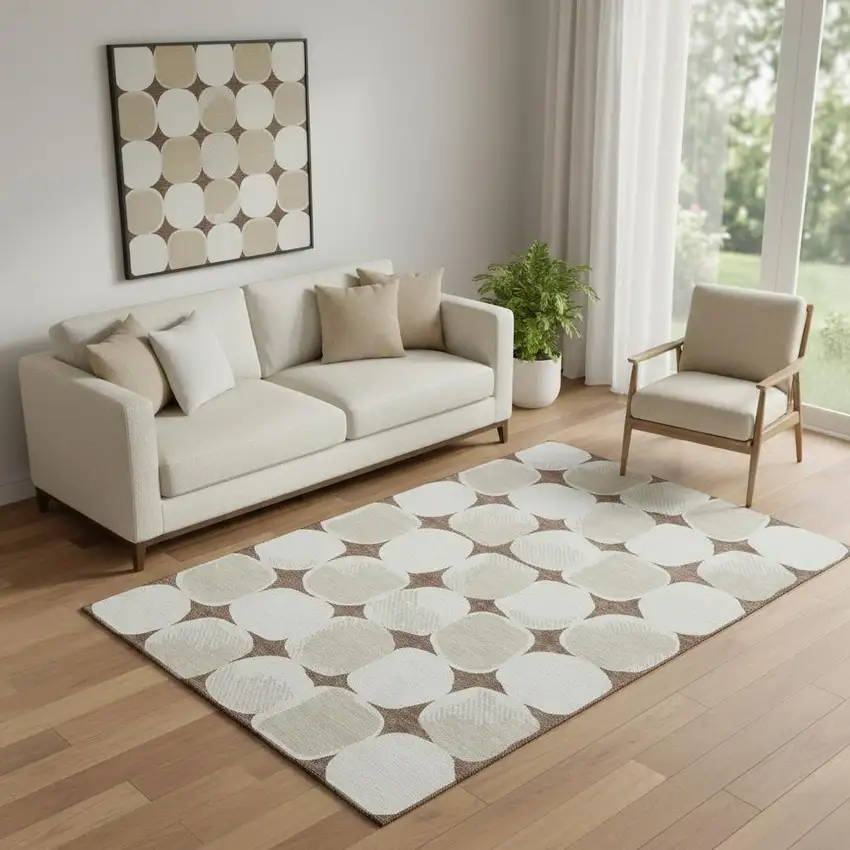 Brown And Ivory Abstract Geometric Washable Area Rug With UV Protection Photo 1