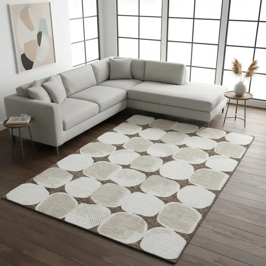 Brown And Ivory Abstract Geometric Washable Area Rug With UV Protection Photo 2