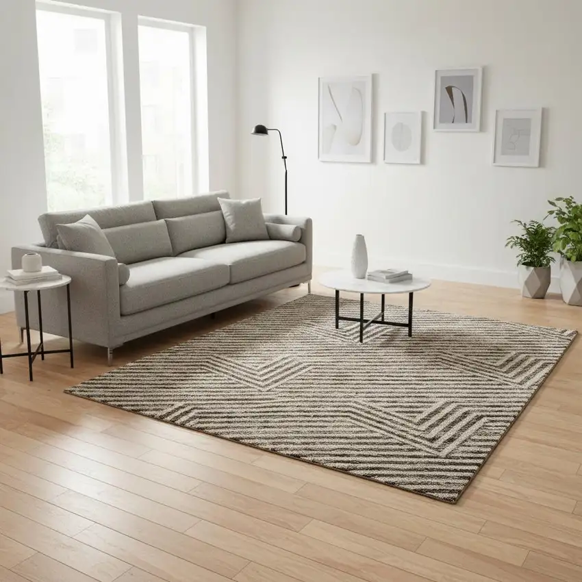 Brown And Ivory Abstract Geometric Washable Area Rug With UV Protection Photo 2