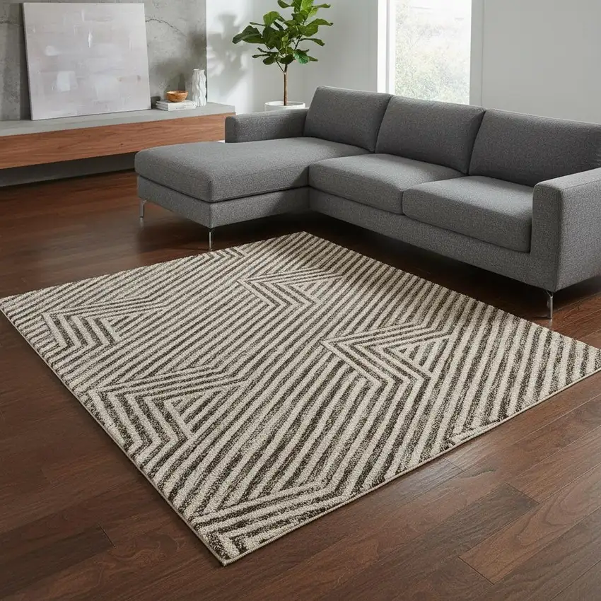 Brown And Ivory Abstract Geometric Washable Area Rug With UV Protection Photo 2
