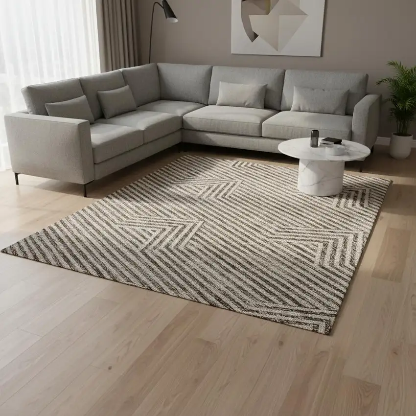 Brown And Ivory Abstract Geometric Washable Area Rug With UV Protection Photo 2