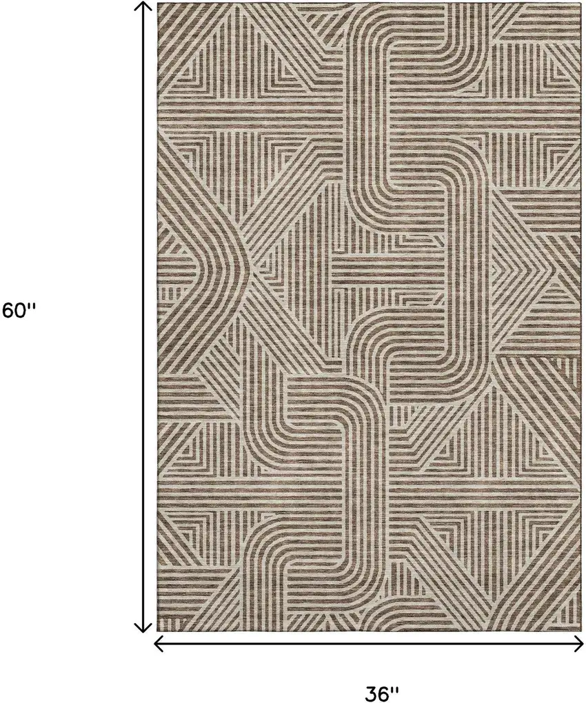 Brown And Ivory Abstract Geometric Washable Area Rug With UV Protection Photo 3