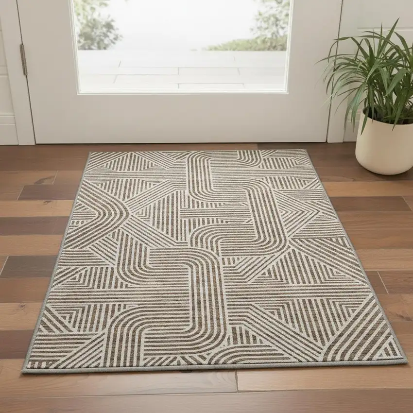 Brown And Ivory Abstract Geometric Washable Area Rug With UV Protection Photo 2