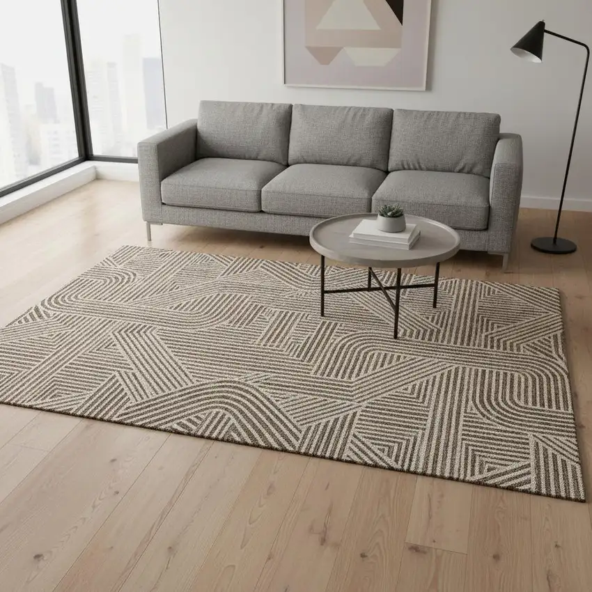 Brown And Ivory Abstract Geometric Washable Area Rug With UV Protection Photo 2
