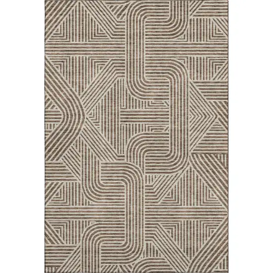 Brown And Ivory Abstract Geometric Washable Area Rug With UV Protection Photo 1