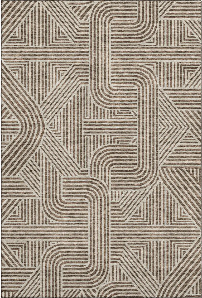 Brown And Ivory Abstract Geometric Washable Area Rug With UV Protection Photo 1