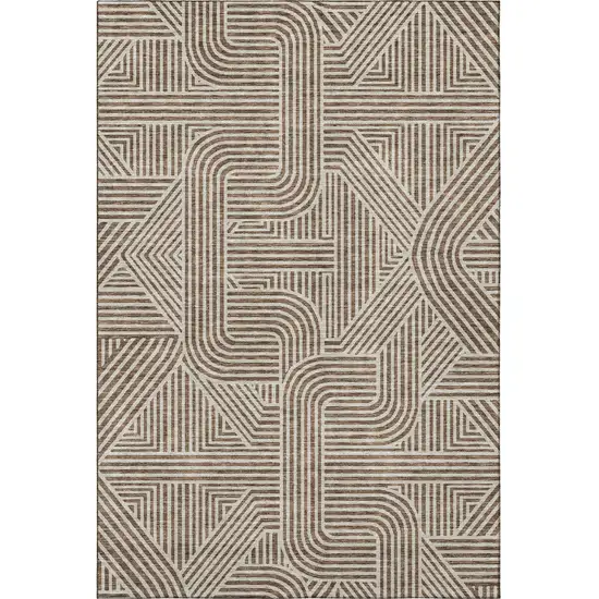 Brown And Ivory Abstract Geometric Washable Area Rug With UV Protection Photo 4