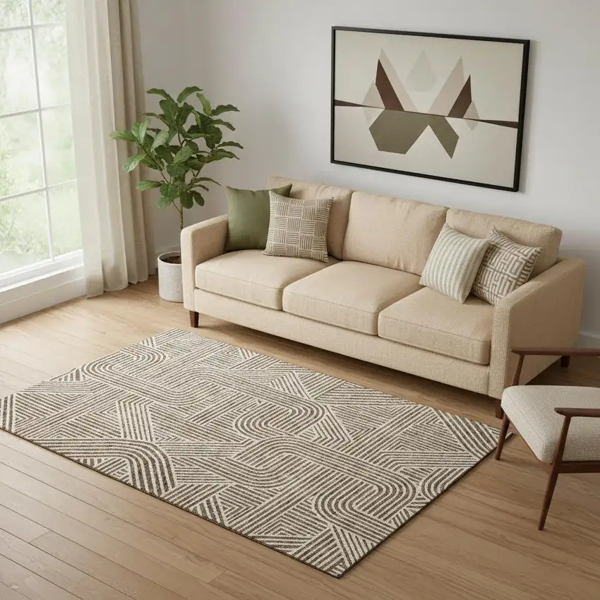Brown And Ivory Abstract Geometric Washable Area Rug With UV Protection Photo 1